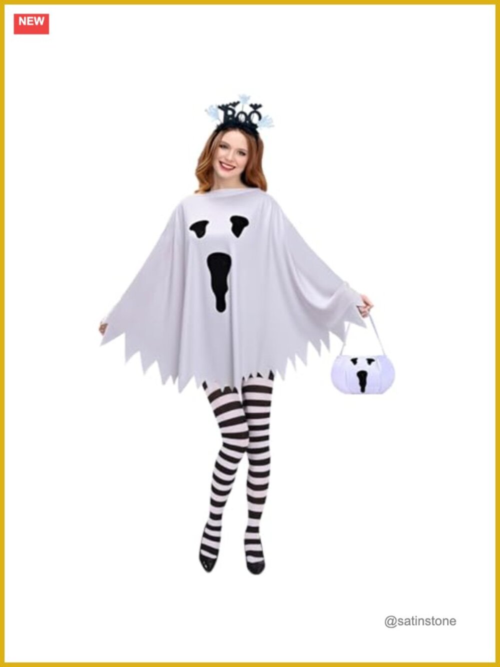 Ghost Poncho Costume Set 4 Pc BOO Headband Tights Candy Bag Halloween